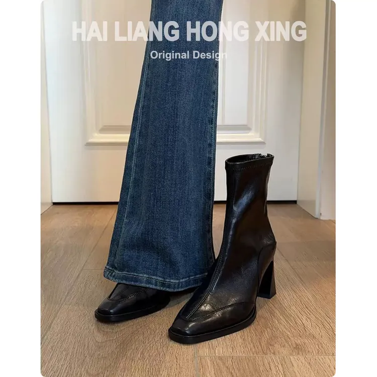羊皮版～小方头真皮法式短靴高跟复古粗跟2025冬马丁靴赵露思同款