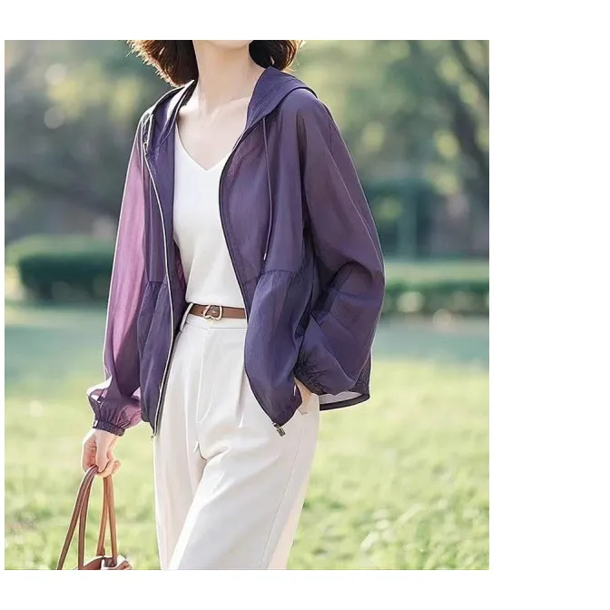 现货今年流行爆款慵懒风连帽淡紫防嗮衫短外套2025年减龄女款春夏