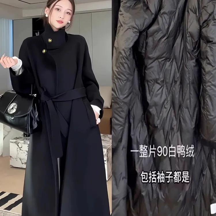 黑色白鸭绒毛呢外套女中长款2025秋冬季新款加厚赫本风呢子大衣