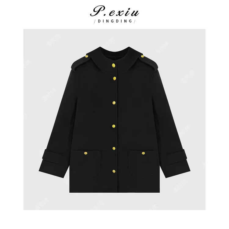 100%绵羊毛气质高级感金属纽扣连帽羊毛大衣ZXA131