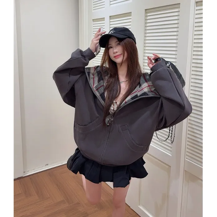 慵懒美式复古格子连帽卫衣外套女秋季新款宽松显瘦百搭深灰色上衣