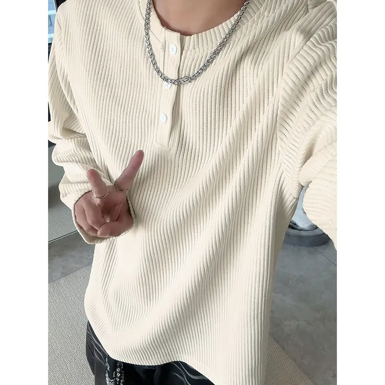 男士纯色简约秋季重磅纹理感亨利领日常宽松百搭休闲长袖T恤上衣