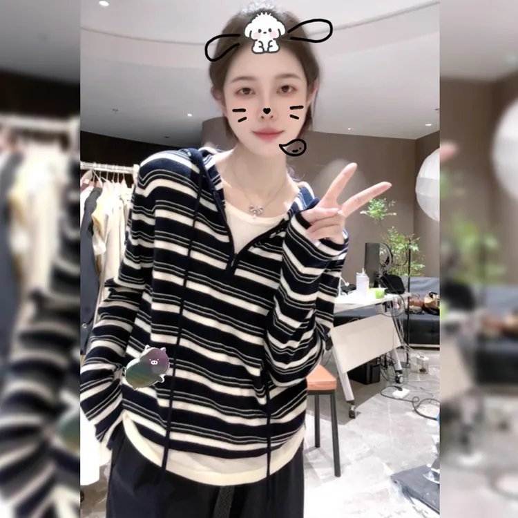 2025春秋季新款女士时尚百搭假两件条纹针织衫休闲连帽长袖上衣服