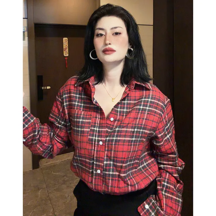 新款新年款红色衬衫设计款红格衬衫女松紧腰春秋冬时尚百搭内搭