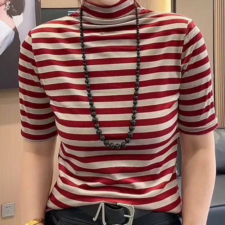 新款半高领显瘦中袖条纹上衣女