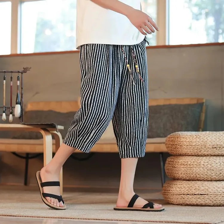 轻薄凉款感冰丝沙滩裤男士加肥加大短裤大裤衩条纹潮牌休闲七分裤