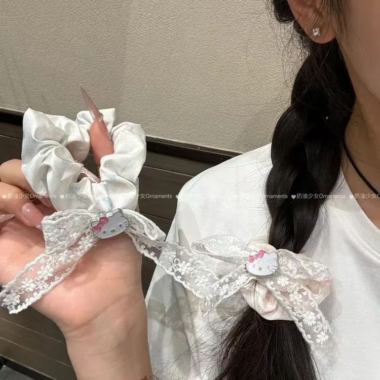 甜美日系实拍KT猫蝴蝶结蕾丝发绳少女高马尾大肠发圈可爱超百搭
