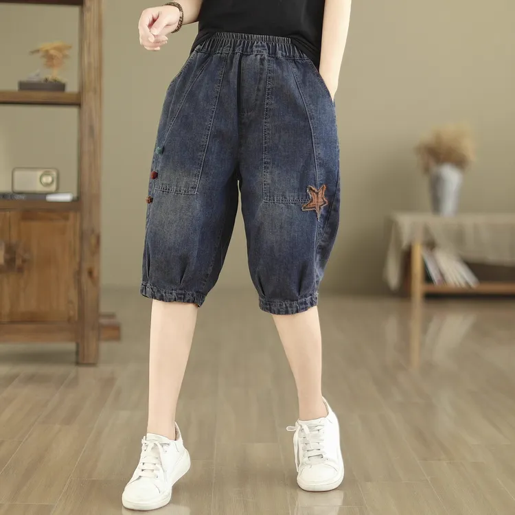 夏季薄款牛仔短裤女复古盘扣贴布宽松显瘦五分哈伦裤休闲老爹裤潮