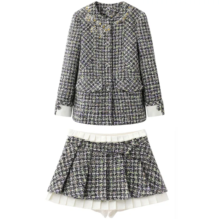 羊毛100绿色撞色毛呢中长款外套上衣洋气学院风格子百褶裙半身裙