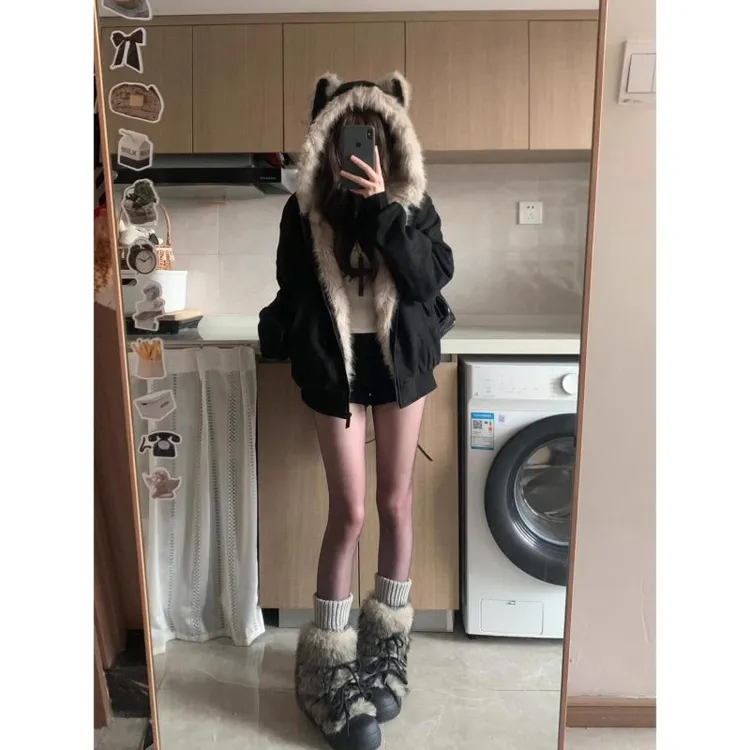 国潮cleanfit座山雕猫耳巨好看外套女2025秋冬新款设计感加厚棉服