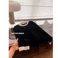 MEIYINA定制 珍珠花边领丝绒上衣