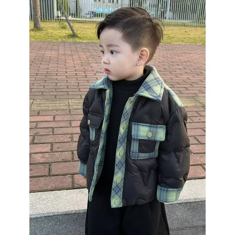 【现货】幂姐童装原创儿童冬季羽绒服男女童绿格拼接白鸭绒上衣外套