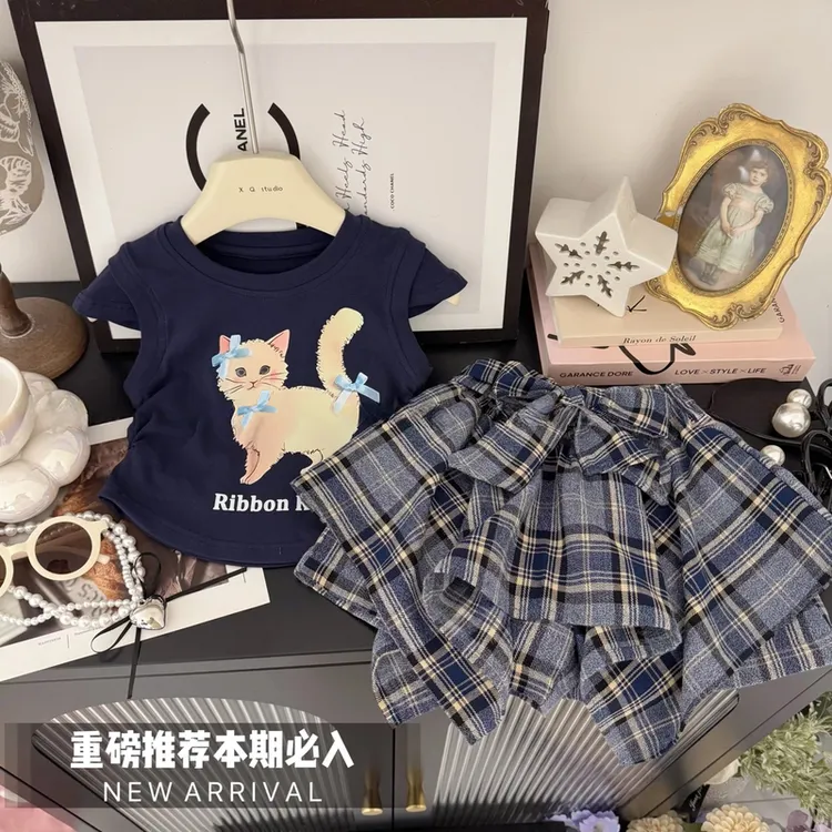 女童夏装套装2025夏季卡通T恤背心假两件格子不规则裙裤两件套潮