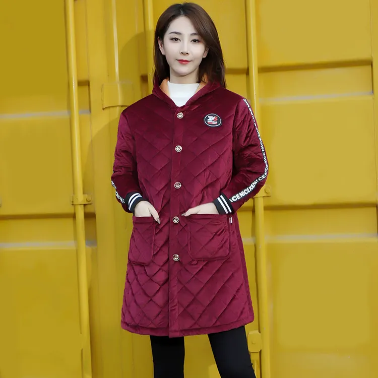冬季女装棉袄加绒加厚保暖罩衣妈妈装中长款连帽棉服大码显瘦外套