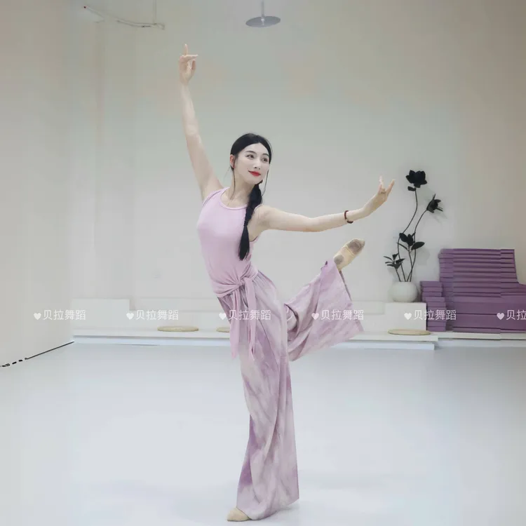现代舞新款针织衫修身背心开叉绑带不规则上衣中国舞设计感练功服