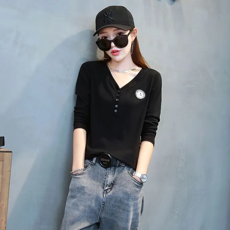 长袖T恤V领打底衫女春秋新款内搭洋气纯色可外穿上衣宽松百搭小衫