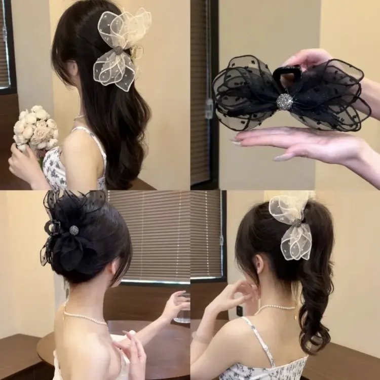 新款波点蝴蝶结抓夹高级感气质百搭鲨鱼夹马尾夹后脑勺发饰