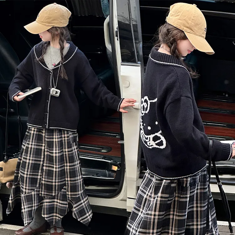 儿童秋款春秋格子半身裙开衫卡通猫咪毛衣女童中大童裙套装韩系潮