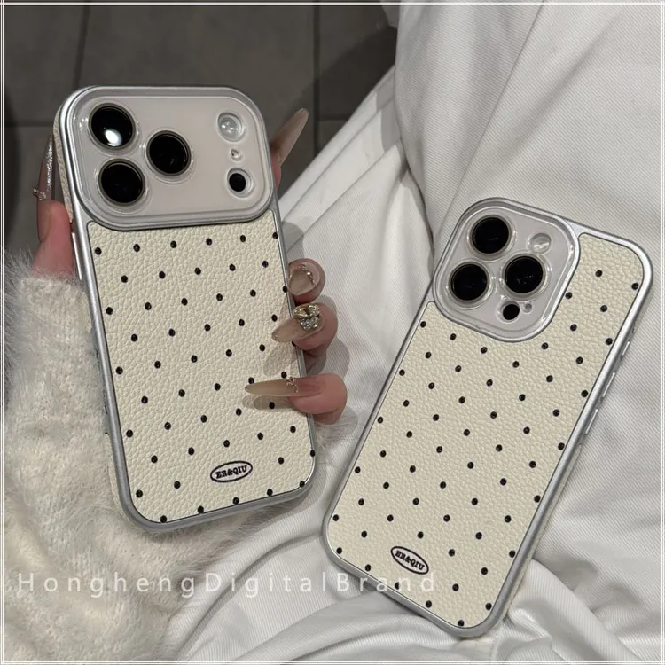 新款荔枝皮纹简约波点适用苹果17promax手机壳iPhone16全包15防摔