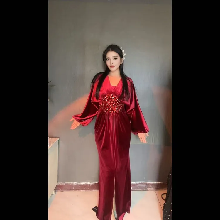 1618【包邮】重工大水晶腰设计 丝绒礼服款女装连衣裙