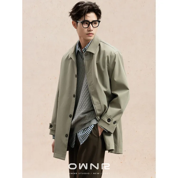 OWNR 绿色廓形巴尔玛肯风衣外套男2025年秋新款高级感中长款大衣