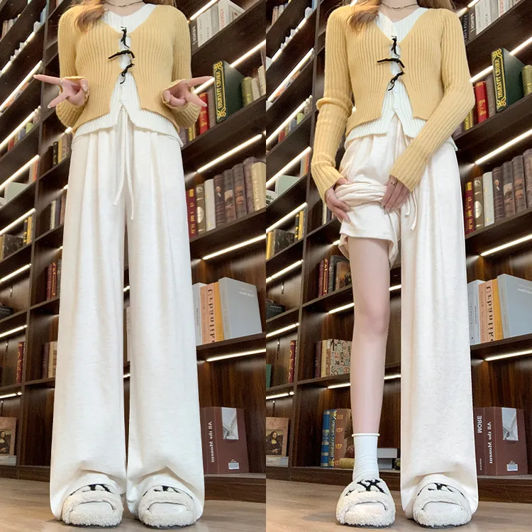 燕麦白糯米裤女春秋2025新款高腰直筒垂感宽松软糯小个子阔腿裤子