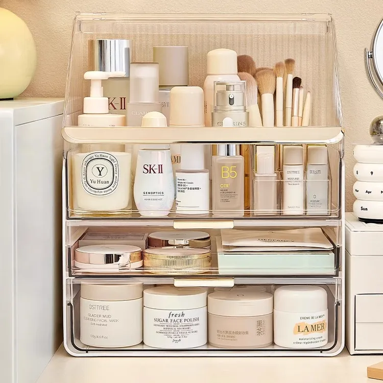 轻奢高级化妆品收纳盒梳妆台护肤品置物架亚克力桌面防尘化妆箱