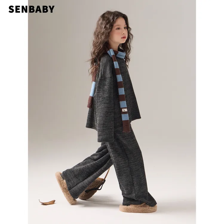 【现货】senbaby女童洋气韩系深灰套装儿童冬V领上衣＋直筒裤两件套
