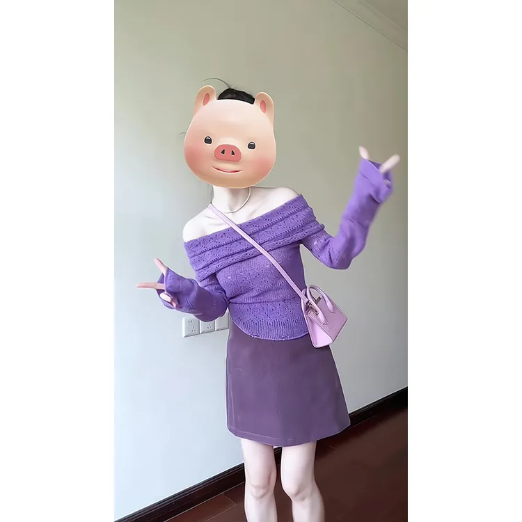 2025新款女士春季时尚气质一字领毛衣镂空破洞针织高腰显瘦半身裙