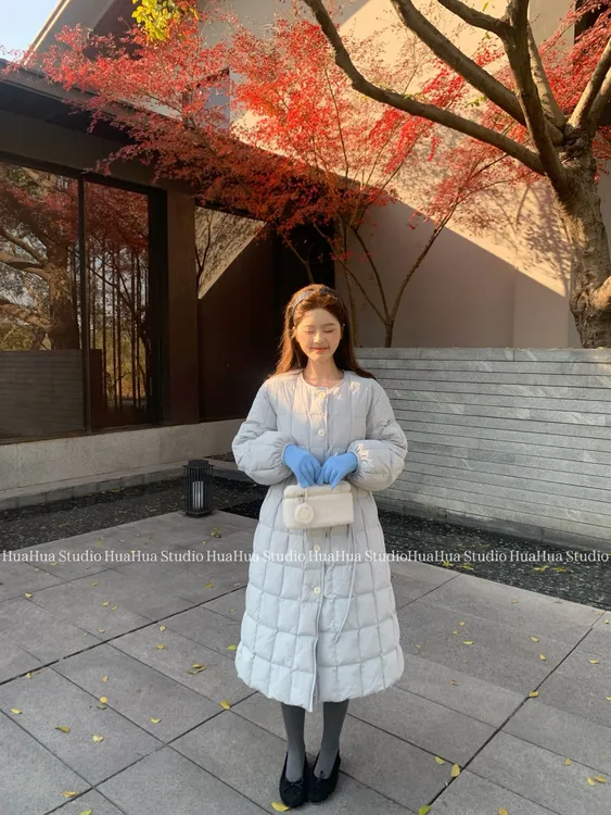 【花花】在逃公主~韩系收腰配腰绳保暖90白鸭绒中长款羽绒外套