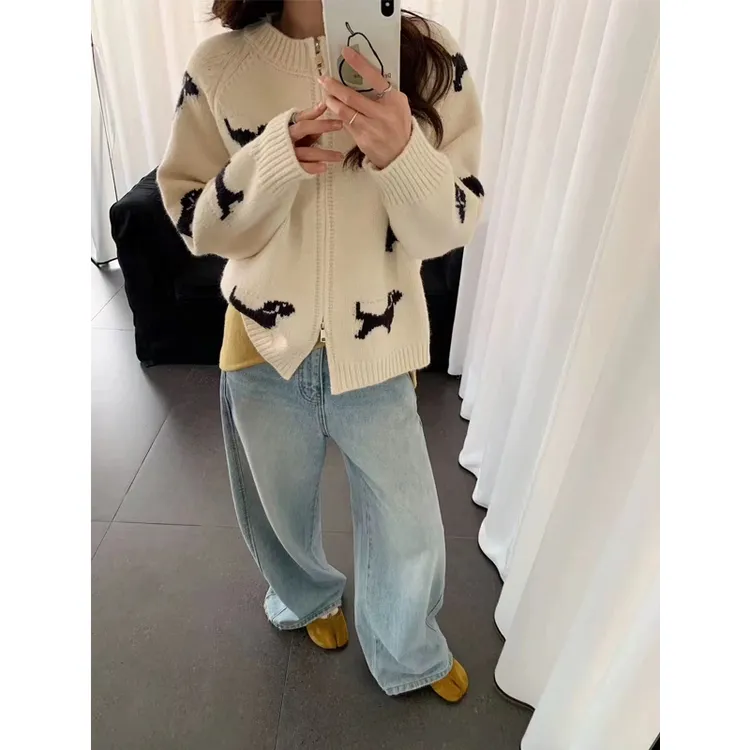 韩系小狗图案双拉链针织开衫外套女秋巨好看复古毛衣宽松上衣