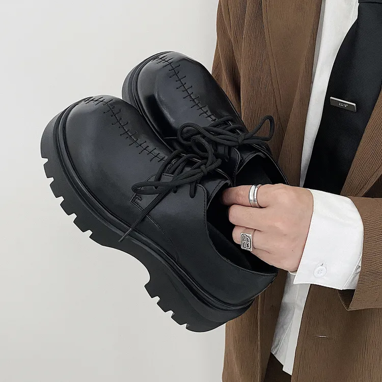 鞋面车缝线小众设计7CM增高德比鞋男英伦风厚底休闲皮鞋黑色男鞋