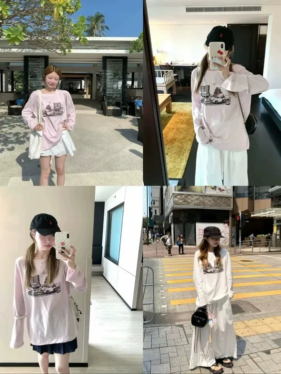 YUANSU kitty脑袋 雪花微透卡通印花长袖t恤女夏宽松百搭休闲上衣