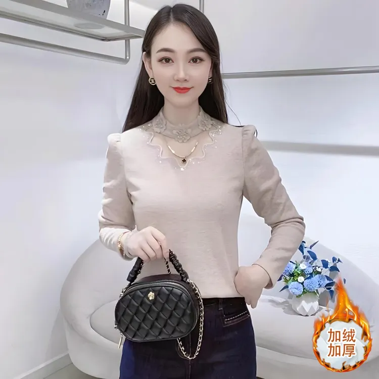 法式加绒加厚长袖T恤女冬季新款时尚花边拼接上衣气质减龄打底衫