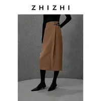 致知 庆宣和 全羊毛皮襻装饰呢料直筒中长裙25年冬ZZ2EWWBT016