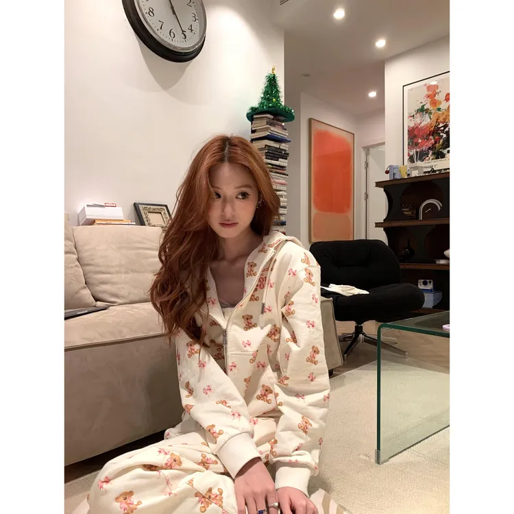 美式可爱小熊印花卡通秋季连帽卫衣阔腿裤百搭家居服套装女可外穿