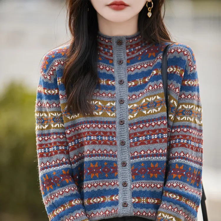 动感哥弟秋冬新款费尔岛提花针织开衫女时尚复古立领百搭长袖上衣