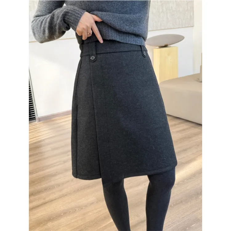 冬季毛呢半身裙胖mm松紧腰遮胯a字裙不规则加长短裙灰色毛呢中裙