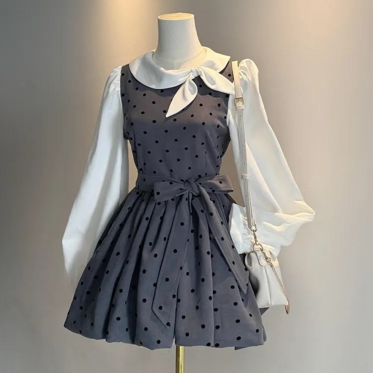 巨好看miu系波点连衣裙女2025新款早秋法式富家千金小个子花苞裙