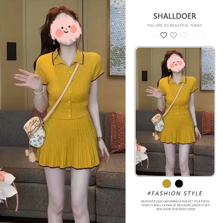 2025夏日穿搭女韩版修身显瘦POLO领短袖上衣高腰纯色短裙套装