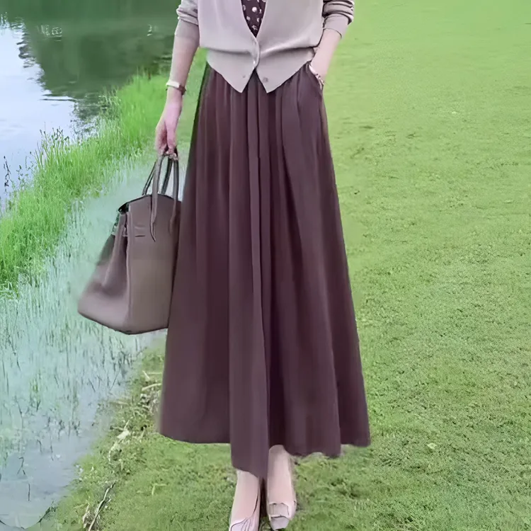 秋冬新款口袋松紧高腰垂感A字中长款半身裙气质显瘦复古百搭休闲