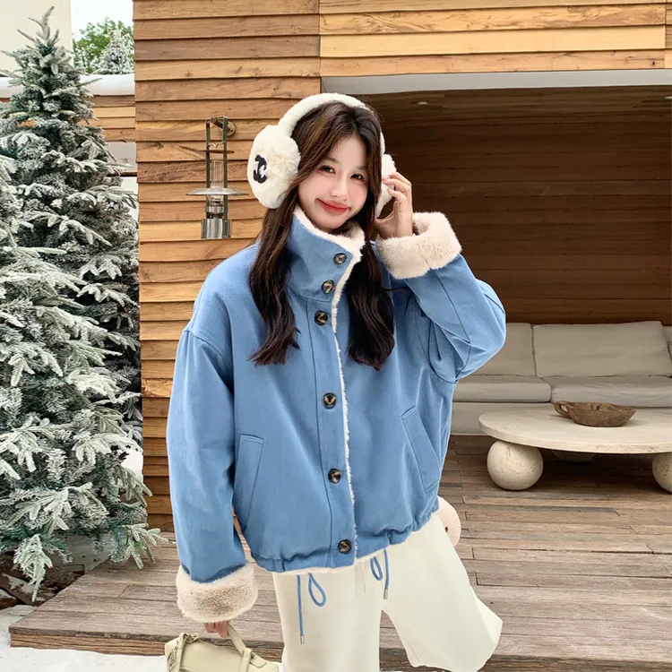 复古甜酷ins风派克服女2025冬季新款羊羔毛翻领加绒加厚棉服外套