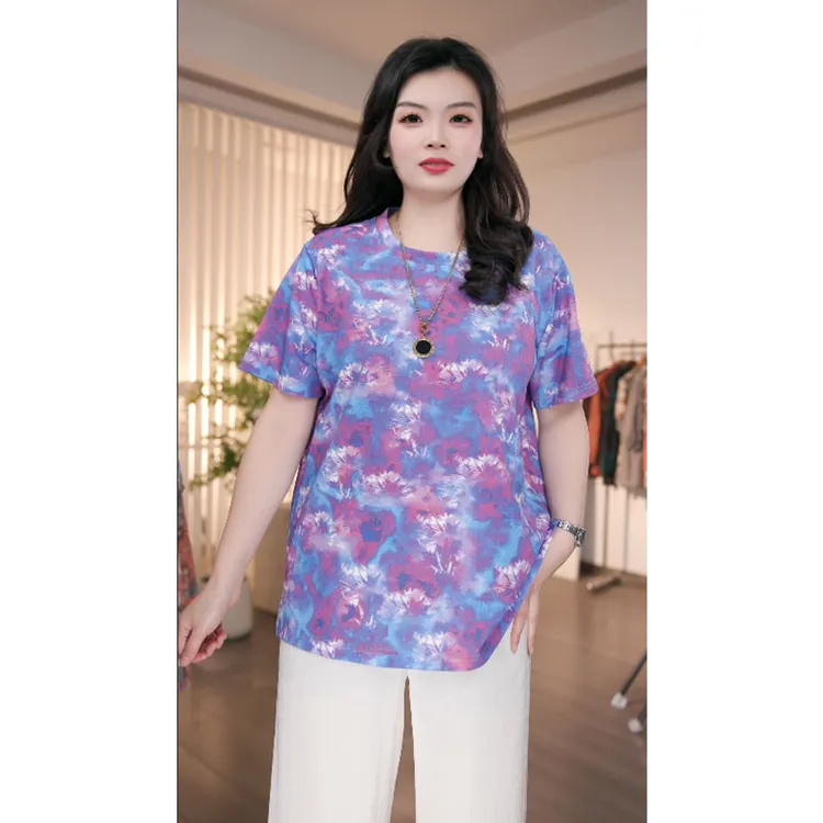 大码女装扎染气质紫蓝色短袖圆领常规款宽松型欧美风大码T恤女
