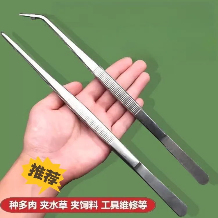 超长加厚不锈钢镊子取物夹子适用于多肉园艺水草鱼缸等场景直弯头