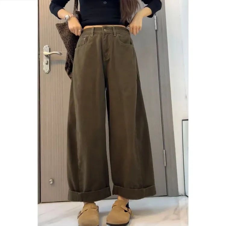 艾塔莉早秋宽松阔腿裤美拉德风百搭牛仔裤卷边长裤秋季高腰百搭女