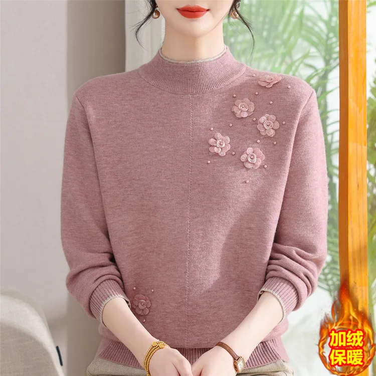 妈妈秋冬装加绒加厚毛衣保暖上衣2025新款中老年人女一体绒打底衫