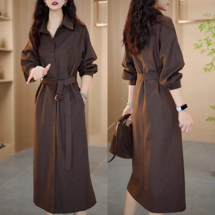 法式时尚polo领中长款腰带收腰显瘦单排扣长袖美拉德连衣裙2025秋