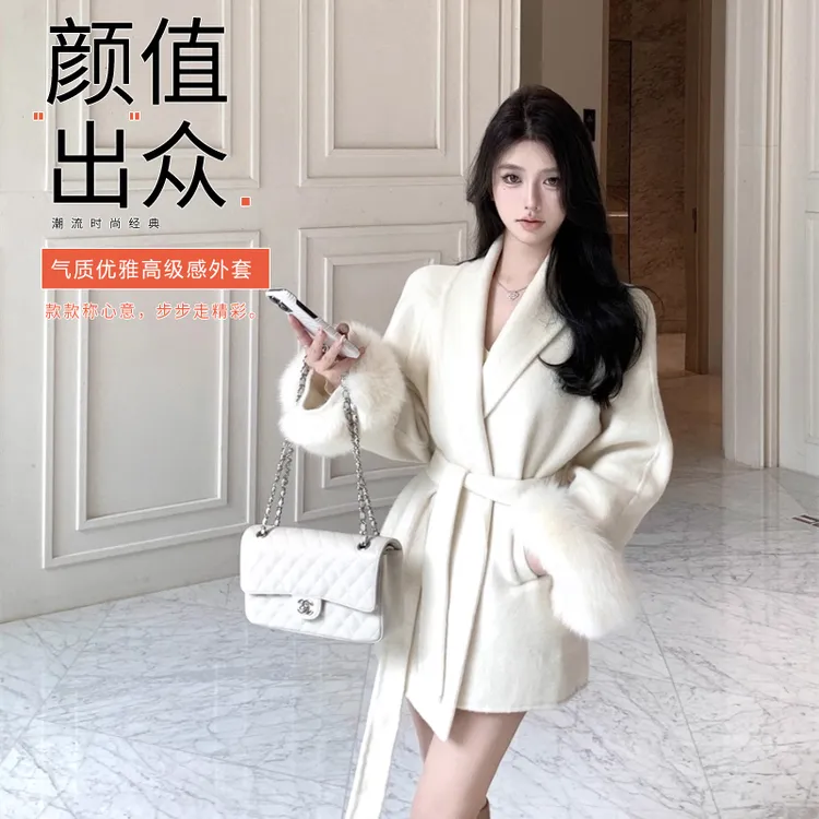 常规拼接秋冬修身型宽袖毛呢外套白色冬季韩版双面呢子毛呢