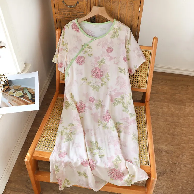 短袖睡裙棉绸带胸垫春夏季薄款女士中式古风圆领宽松家居服连衣裙