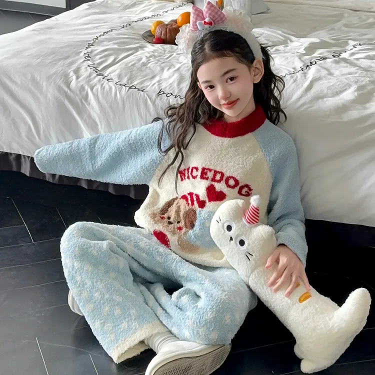 女童珊瑚绒睡衣冬季新款儿童半边绒家居服中大童冬加厚套装